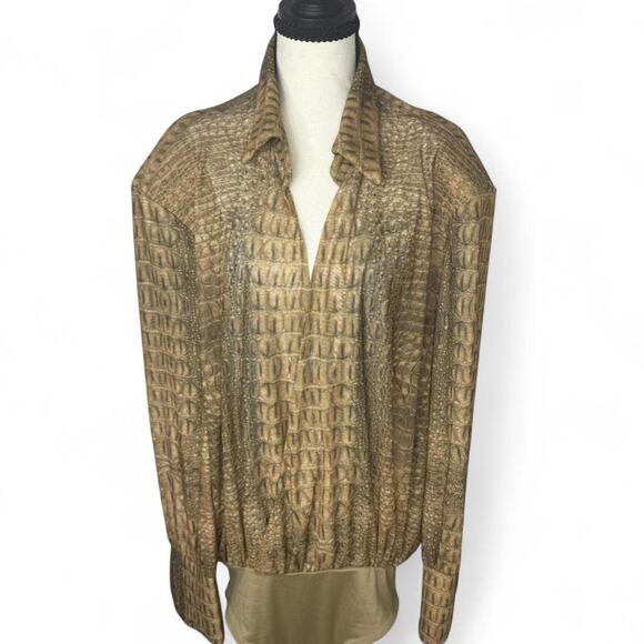 Women’s Brown Crocodile Print Bodysuit Blouse Tan Textured Long Sleeve Top (L) - Picture 2 of 6
